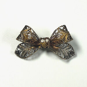 Antique? Vintage GEIS Signed 900 Silver Filigree Bow Brooch Pin Gold Wash 1.75"